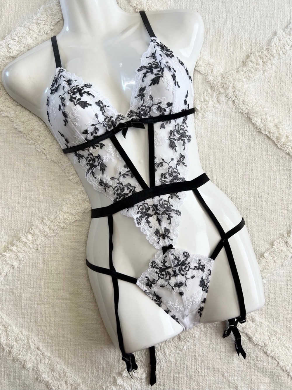 White & Black Lace Strappy Bodysuit Lingerie